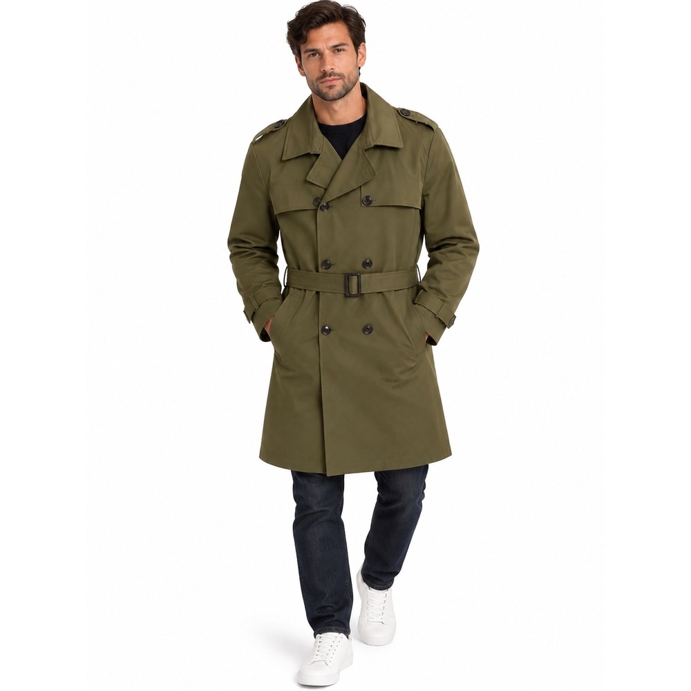 COOFANDY Mens Double Breasted Trench Coat Olive Green Belted Overcoat Size M